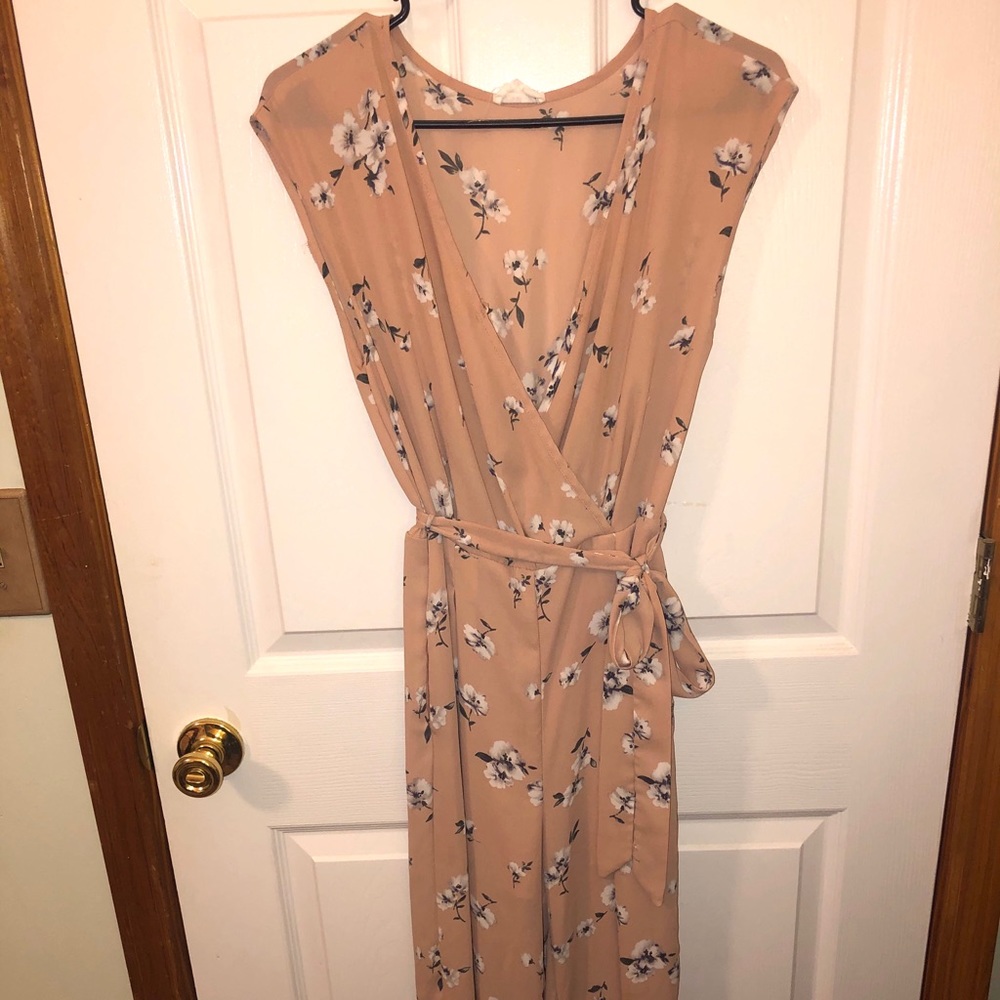 Tan with white floral design jumpsuit